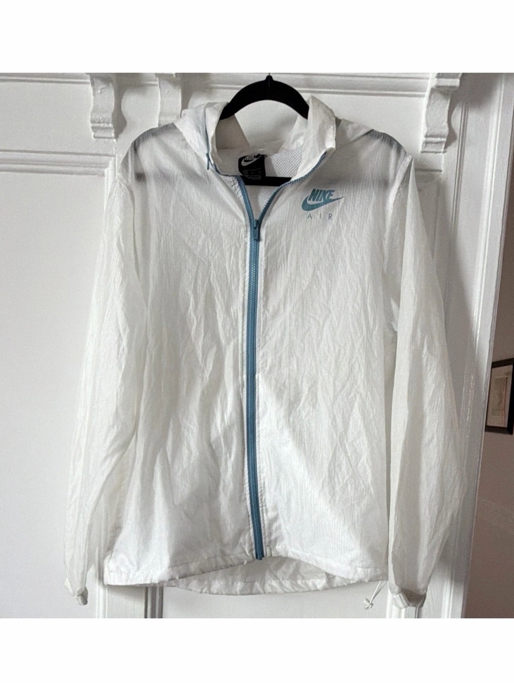 Nike White Windbreaker Jacket with Light Blue Logo & Zipper